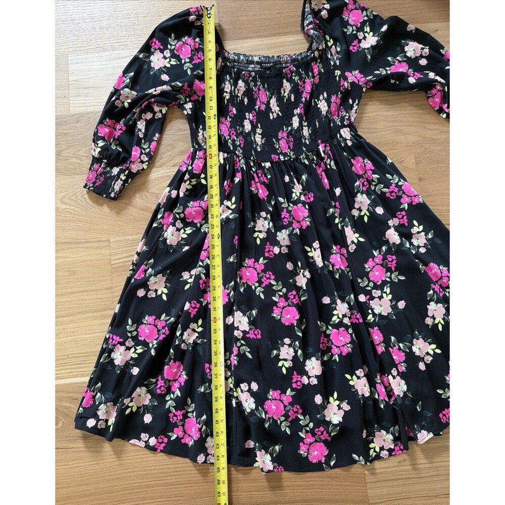NWT Torrid Black Pink Floral Smock Midi Dress 2 Milkmaid Peasant Puff 3/4 Sleeve - Picture 14 of 16